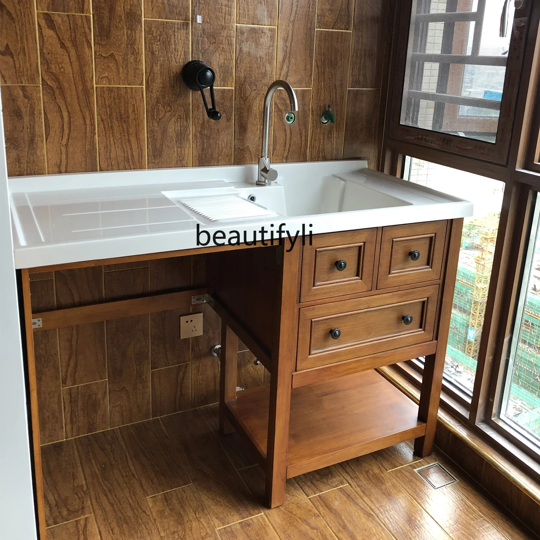 X Balcony Laundry Cabinet Combination Solid Wood Washing Machine Cabinet Bathroom Cabinet with Washboard Basin Integrated