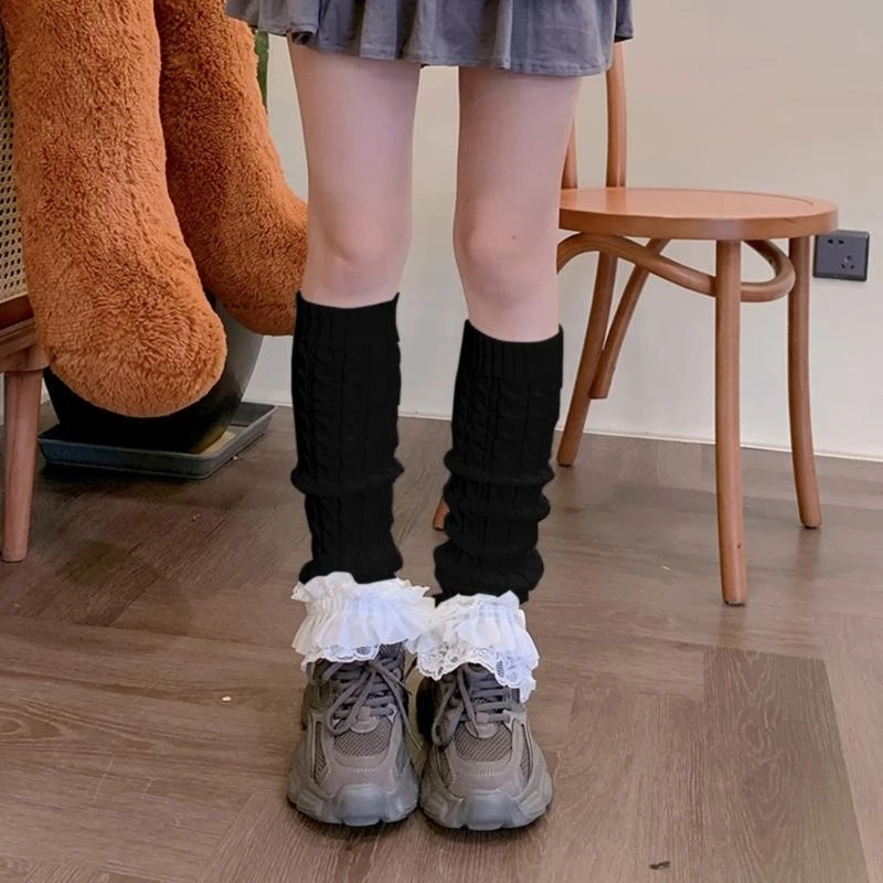 Y5GC Twist Cable Knit Leg Warmers Japanese Women Bowknot Ruffled Lace Hem Long Socks