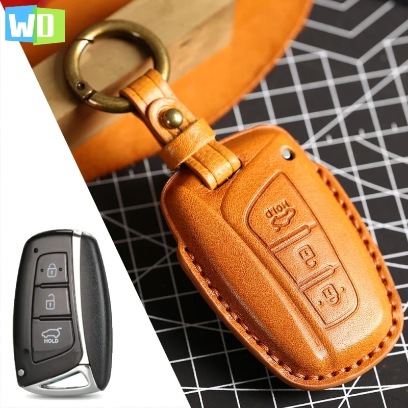 

Luxury Car Key Case Cover Fob Accessories For Hyundai Santa Fe Genesis Ix45 Equus Leather Keychain Holder Keyring Protective Bag