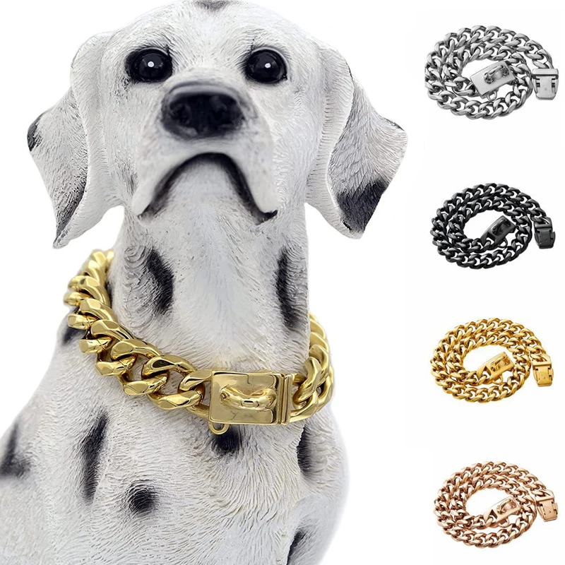 13mm 18K Gold Cuban Dog Chain Pet Collar Bully Large Dog Collar Leash Customized Stainless Steel Pitpull Bulldog Strong Collars