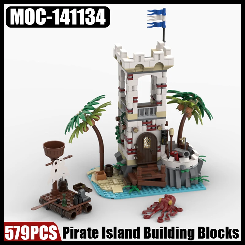 

MOC Pirate Island Buidling Blocks Kit Castle Watchtower Coconut Tree House Raft Cannon Ship Bricks Assemble Toys Boys Gift