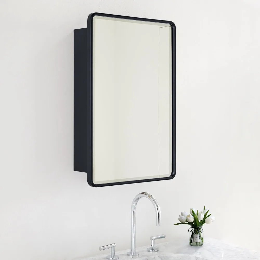 Surface Mount 16x24 Black Bathroom Medicine Cabinet with Mirror Rounded Rectangle Beveled Mirror