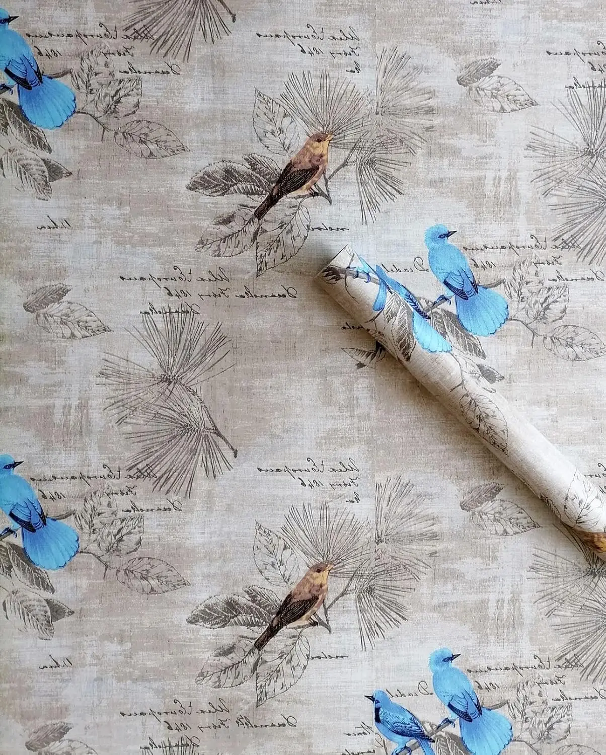Vintage Bright Blue Birds Peel and Stick Wallpaper Floral Self Adhesive Wallpaper Removable Contact Paper for Dresser Drawer