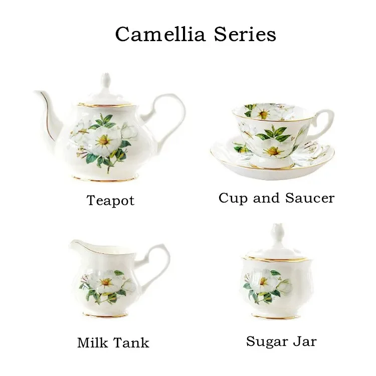 Bone China Flower Tea Cup Set, British Services Coffee Pot, Cups and Saucers, Ceramic Teapot, Sugar Bowl, Milk Jug Suit, Teaware