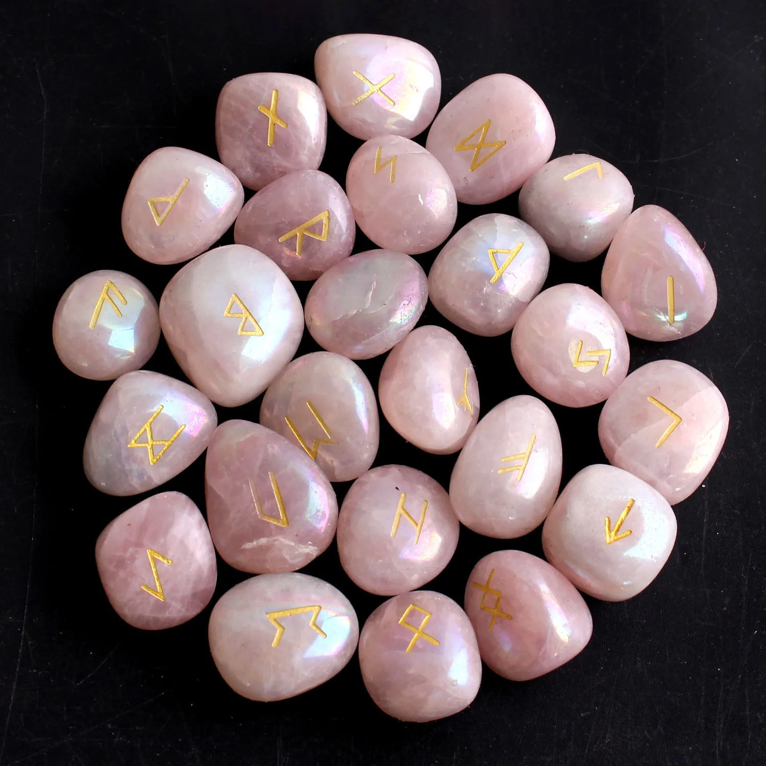 Juego de piedras runas de cristal Natural, 25 uds., piedra de cristal de cuarzo rosa, brujas, Reiki, energía curativa, letras rúnicas, artesanías talladas en cristal