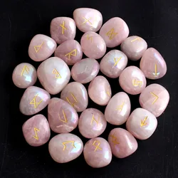 Natural Crystal Rune Stones Set 25pcs Rose Quartz  Crystal Stone Witches Reiki Healing Energy Rune Letter Crystal Carving Crafts