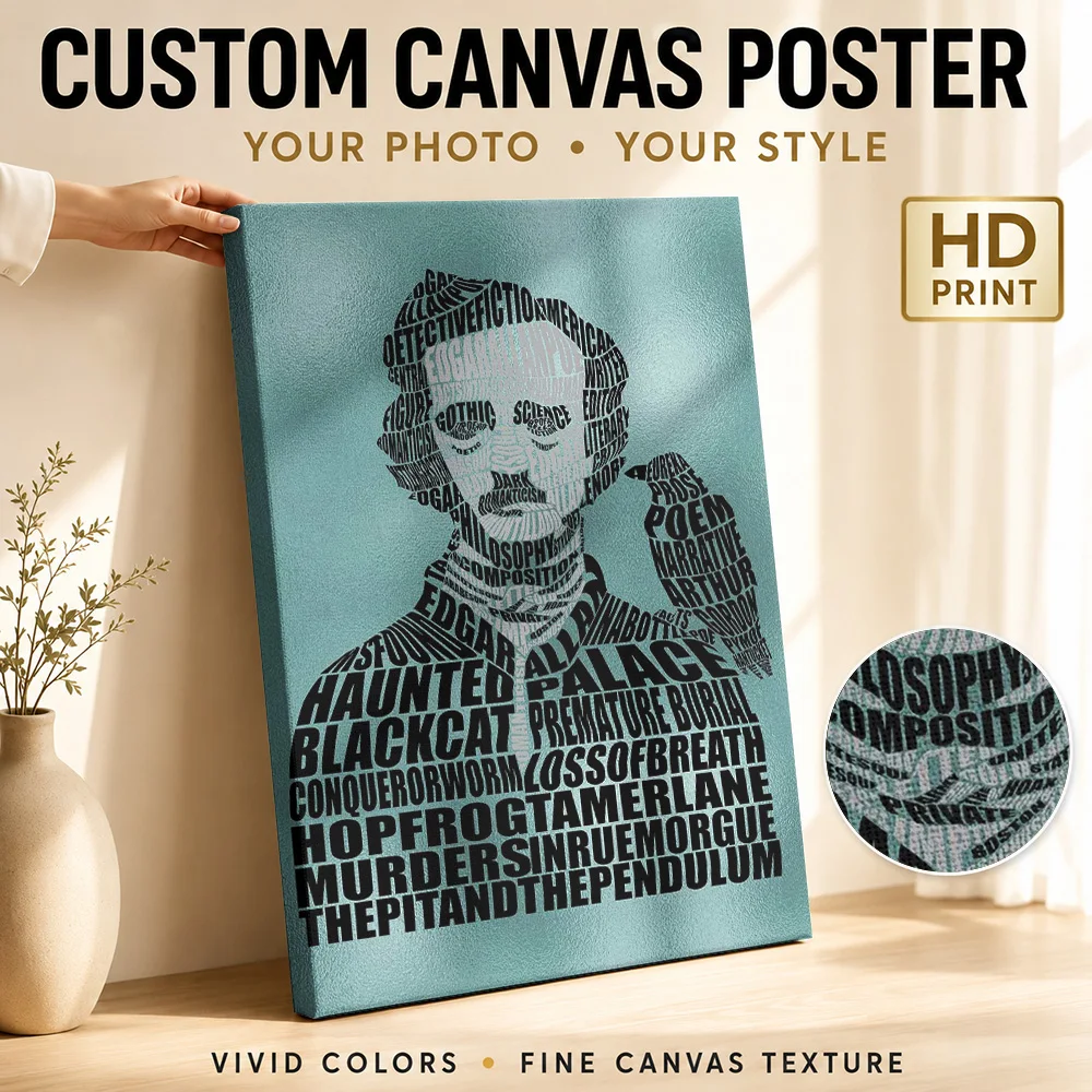 Gothic Writer Typography Portrait Canvas Print With Wooden Frame Personalized Photo Cover Illustration Wall Art For Reading Nook