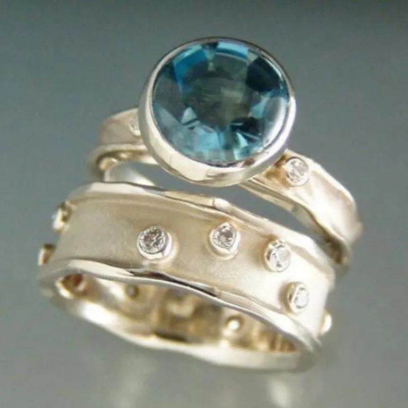 Vintage Inlaid Sea Blue CZ Women's Set of Rings Trendy Silvery Color Hand Carving Daily Wear Party Jewelry Anniversary Gift