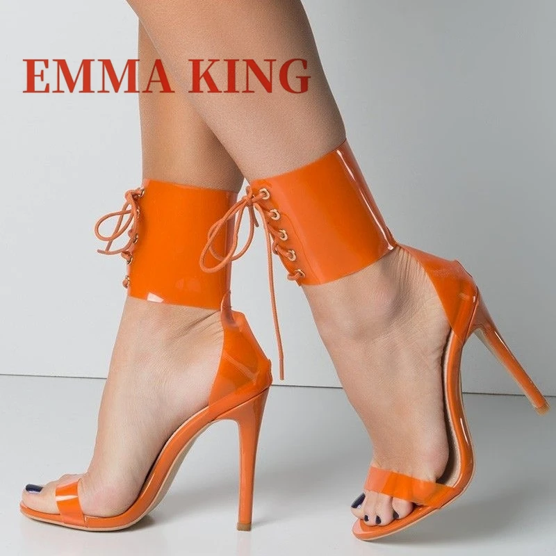 صنادل نسائية شفافة بحزام الكاحل PVC مفتوحة من الأمام بكعب عالٍ صنادل برباط بلون سادة أحذية صيفية للفتيات الحارة 45 #2