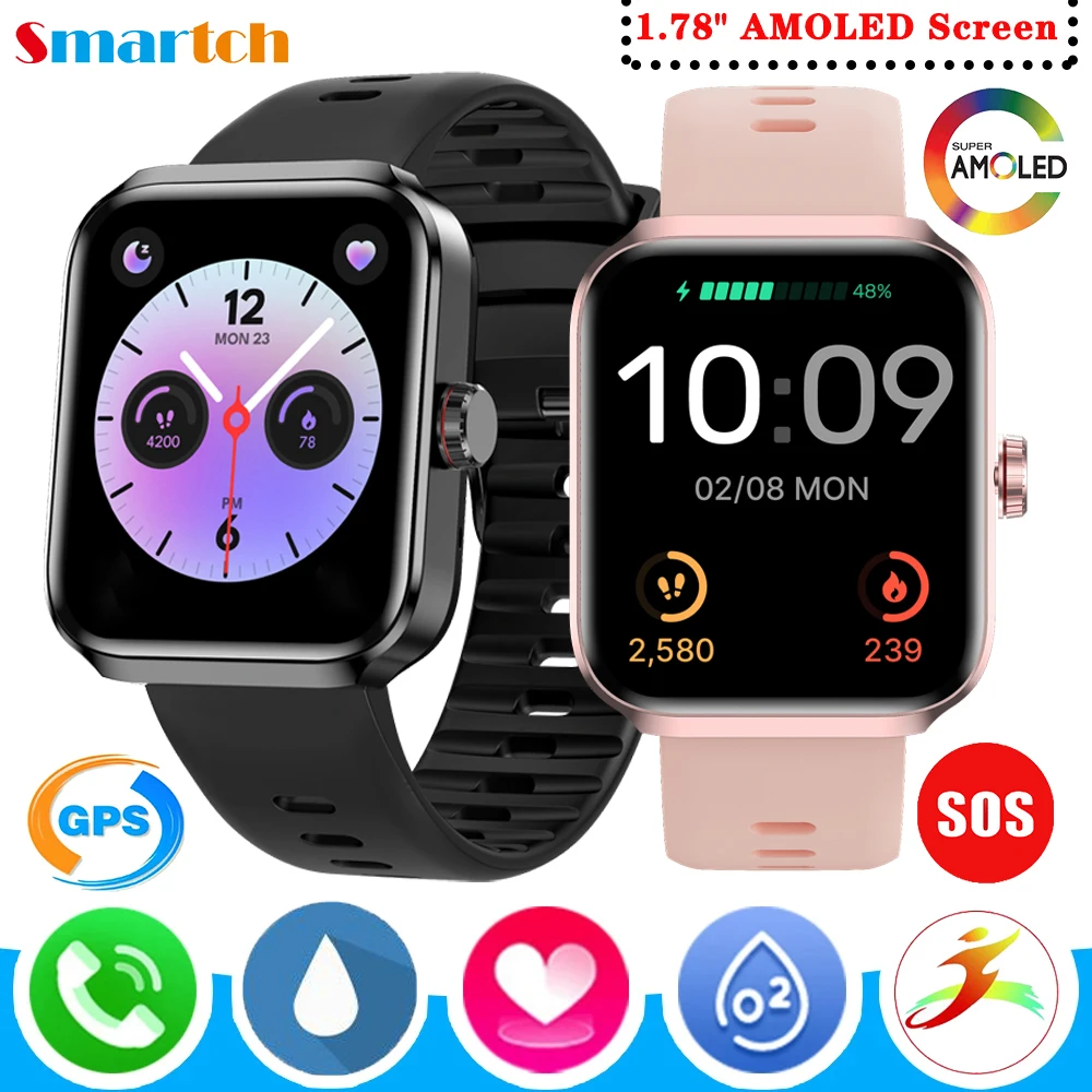 

1.78" AMOLED Screen Blue Tooth Call SOS Outdoor Sport Fitness Tracker Smart Watch GPS Men Women Heart Rate Waterproof Smartwatch