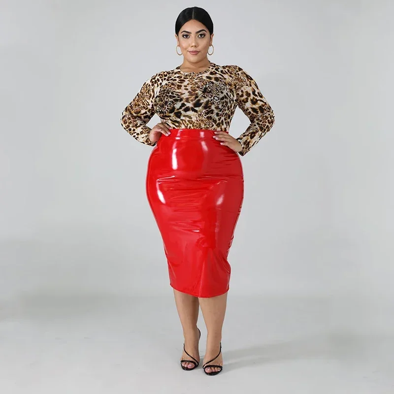 High Waist Faux Latex Skirts Women Plus Size PU Leather Midi Skirts Back Zip Ladies Bodycon Stretchy Skirt Hem Split 7XL Custom