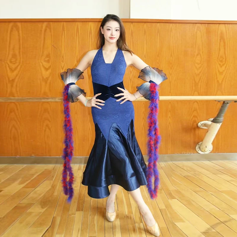 

New Female Ballroom Dance Dress Women Waltz Performance Costume Sexy Backless Adult Dance Training Dress Salsa Clothing VBH1664