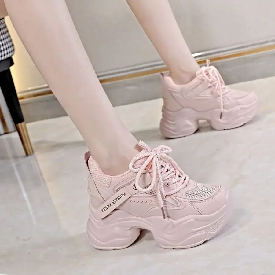 

Krasovki 8cm Air Mesh Vulcanized Summer Platform Hollow Casual Genuine Leather Chunky Sneakers Breathable Hidden Heels Shoes