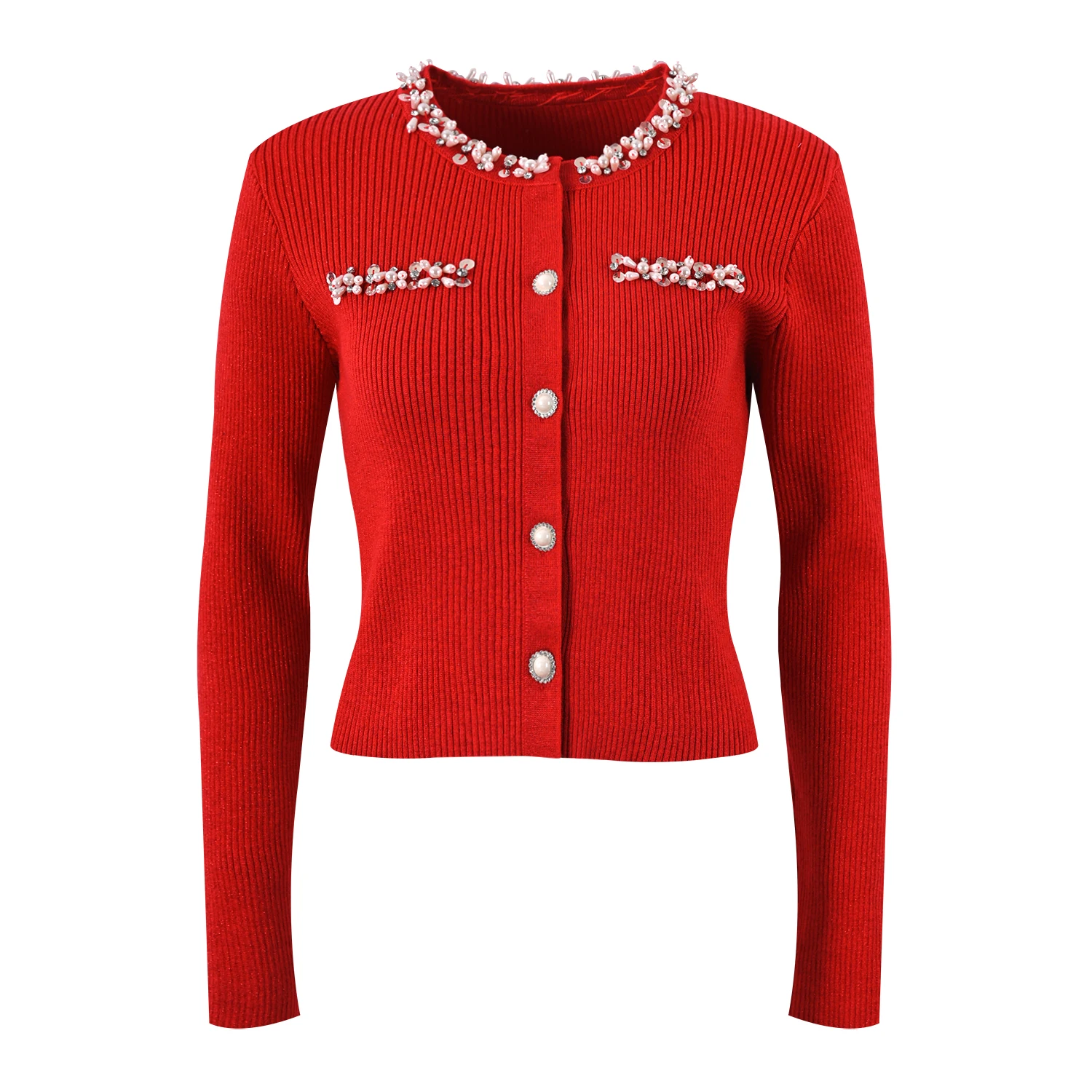 

Ele High-End Knitted Slim Fit round Ne Flaing Beads Silk Cardigan Top Faionable Spring Long Sve ort Length