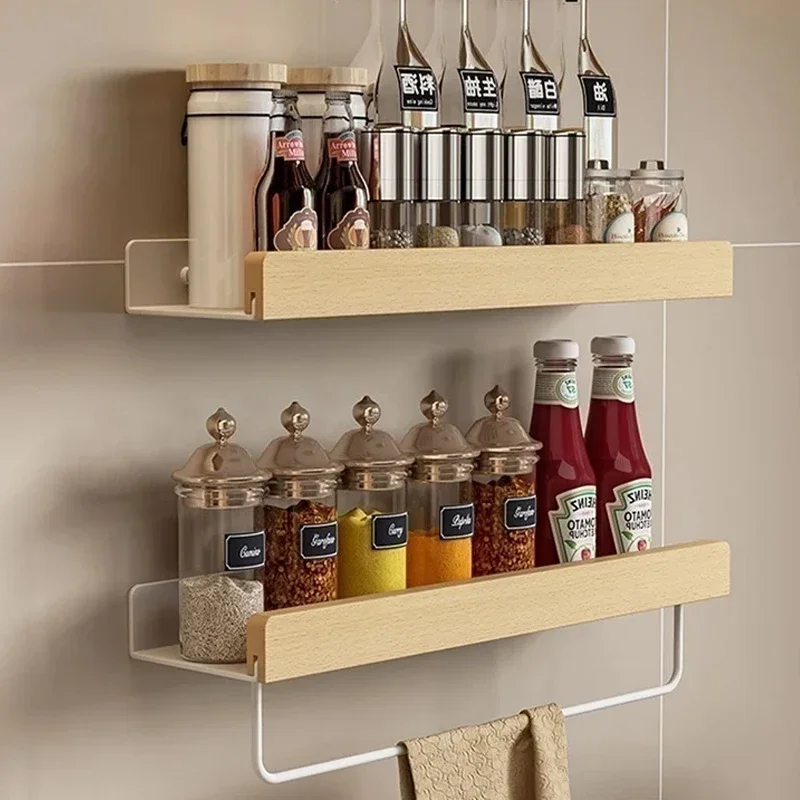 

Wood Kitchen Organizer Mounted Spice Rack Kitchen Storage with Hooks for Condiments Kitchen Accessories