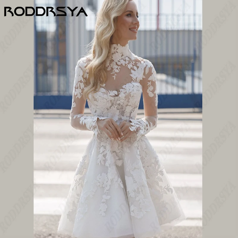 RODDRSYA High Neck Wedding Dress Long Sleeve Bridal Gown Illusion ButtonBack Robe De Mariée Sexy Lace Applique Tull Bride Party