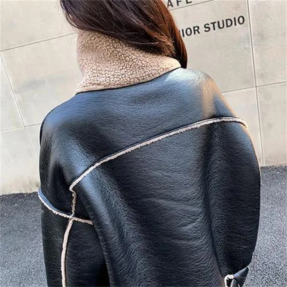 Women Faux Lamb Leather Jacket with Belt Female Streetwear Moto Biker Black Pu Leather Short Coat Outwear Autumn Winter Tops