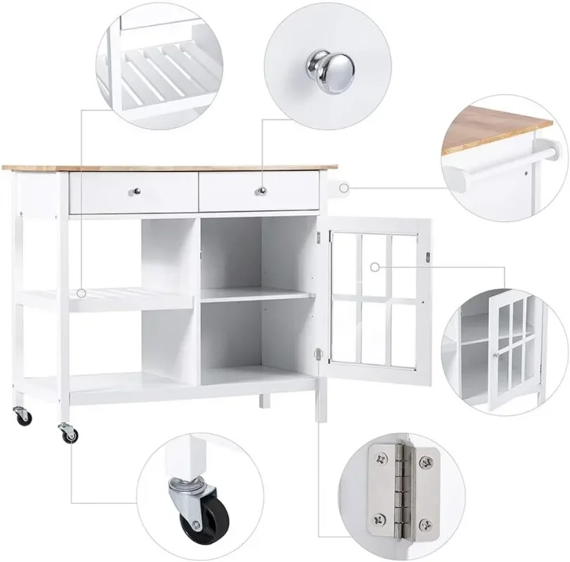 ChooChoo Rolling Kitchen Island, Portable Kitchen Cart Wood Top Kitchen Trolley with Drawers and Glass Door Cabinet, White