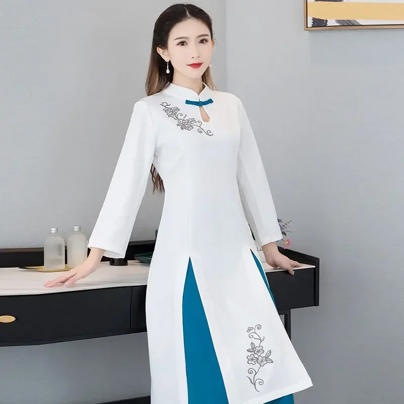 clothes female Chinese style tea high-end health center moxa acupuncture head physiotherapy massage technician two-piece set