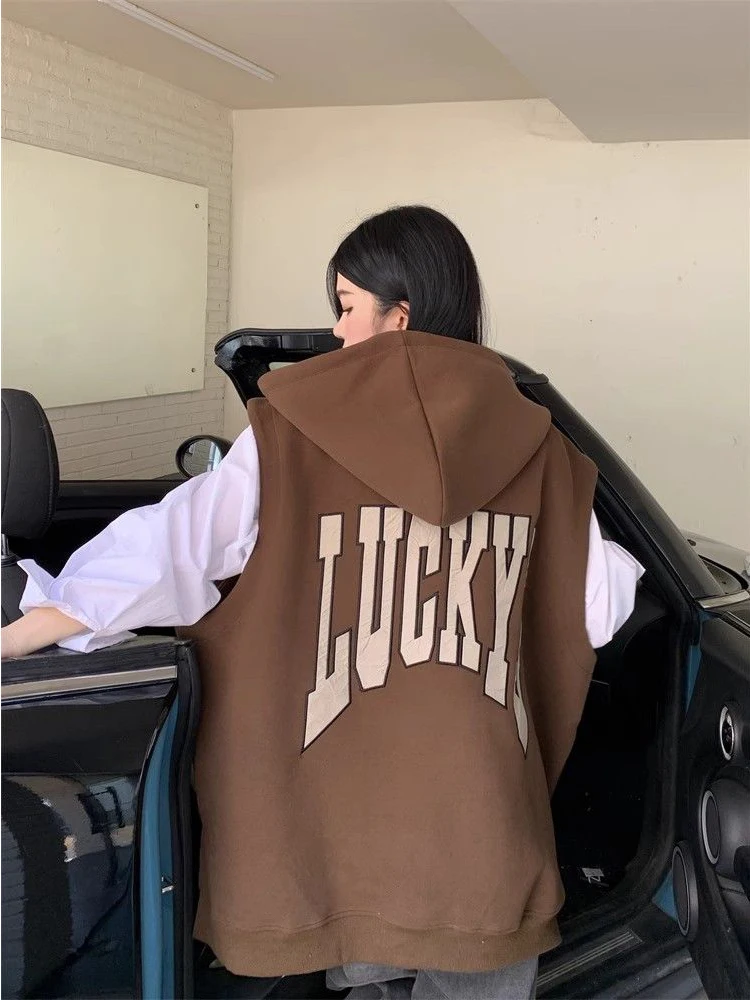 특대형 300 파운드 아메리칸 커피 레터 프린트 지퍼 후드 자켓 플러스 사이즈 조끼 중간 길이 아우터웨어