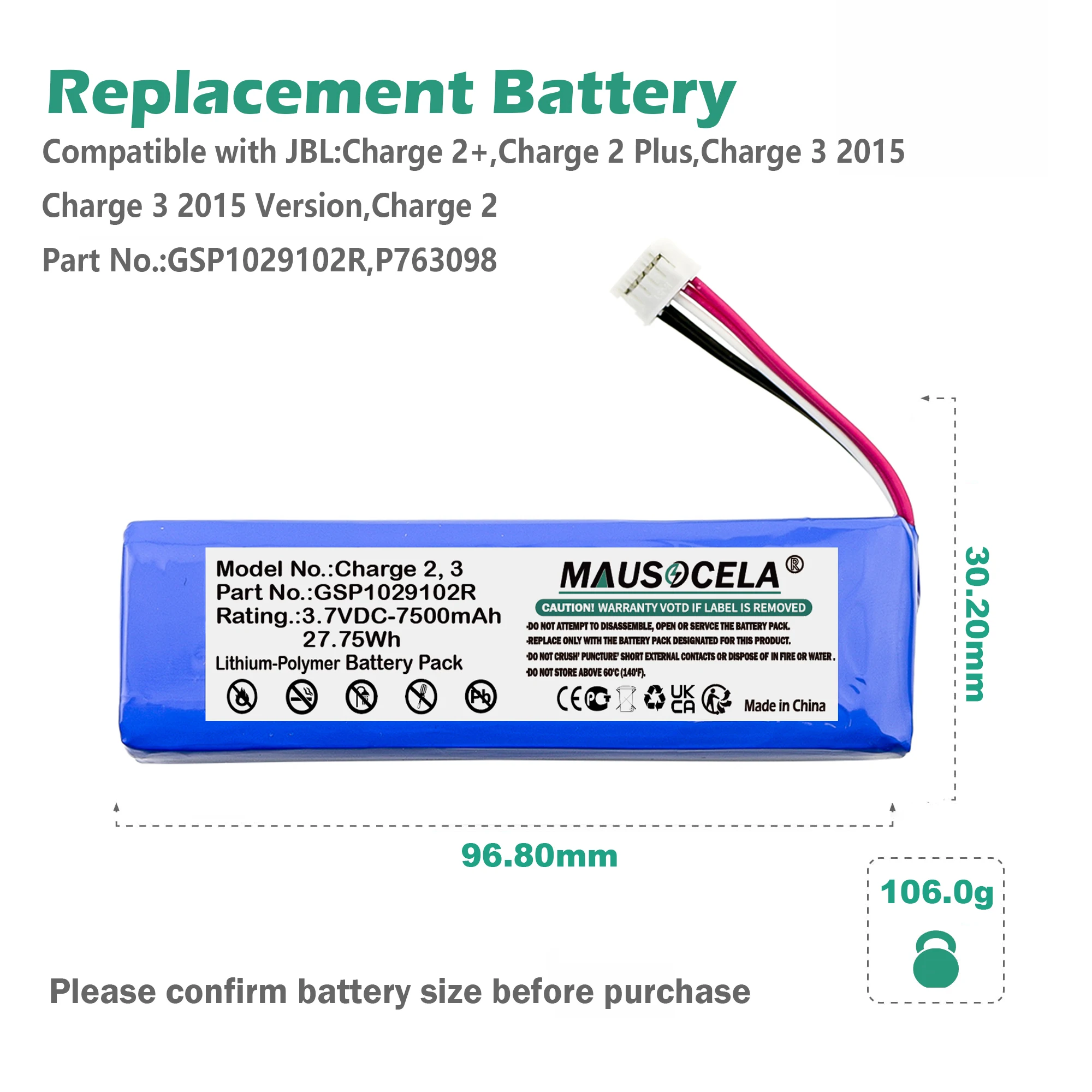 7500mAh Speaker Battery For JBL:GSP1029102R,P763098,Charge2+,Charge 2 Plus,Charge 3 2015,Charge 3 2015 Version,Charge 2,+Toolkit view 5