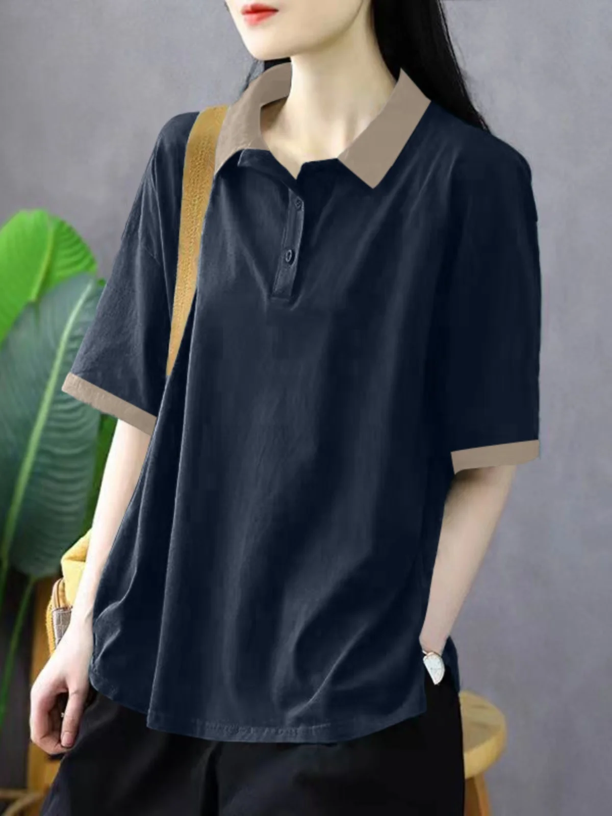 Camiseta Feminina de Algodão Puro, Estilo Solto, Moda de Verão, Design Coreano com Patchwork e Cores em Bloco