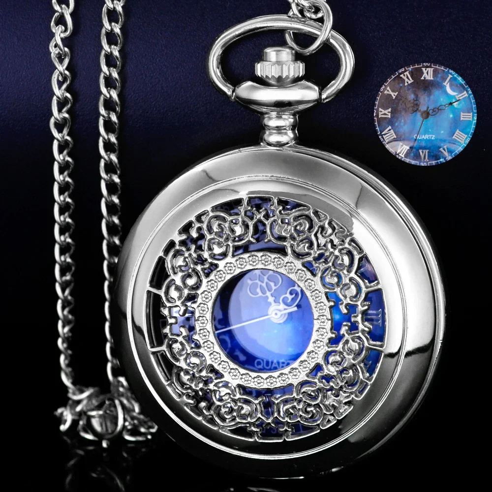 Fashion Starry Sky Blue Dial Antique Quartz Pocket Watch Necklace Pendant Analog Design Souvenir Gift for Women Men