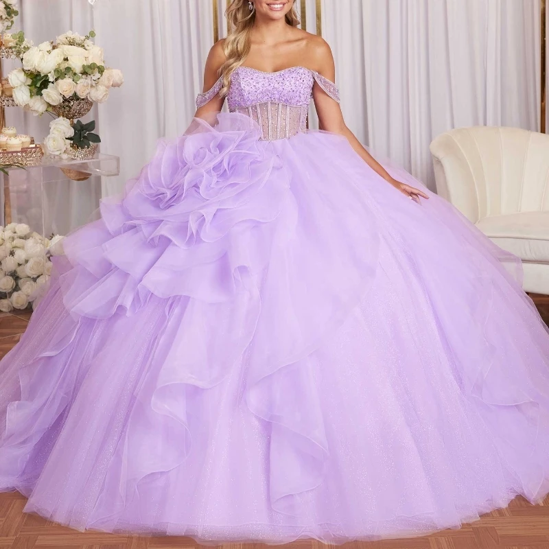 

Light Lavender Quinceanera Dresses Off Shoulder Vestidos De 15 Años Flower Beads Crystal Tull Formal Birthday Party Swee 16