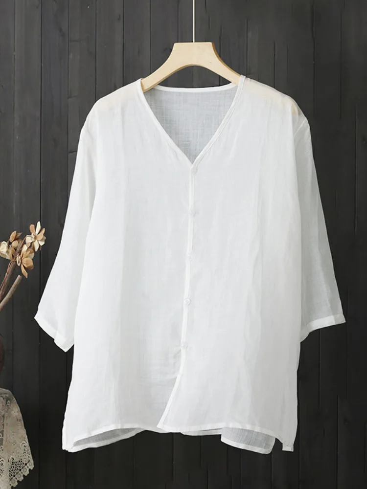 

Lightweight Breathable White Cotton Linen irt Women's Summer Loose plus Size Casual V-ne Sun Protection Open Cardigan Out...