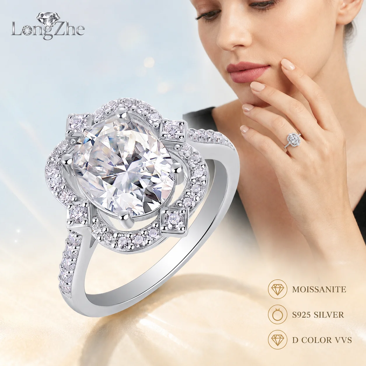 LongZhe Moissanite Ring S925 Sterling Silver Oval Cut 8x10mm Halo Ring 34 Stones Statement Daily Party Jewelry Gift for Women