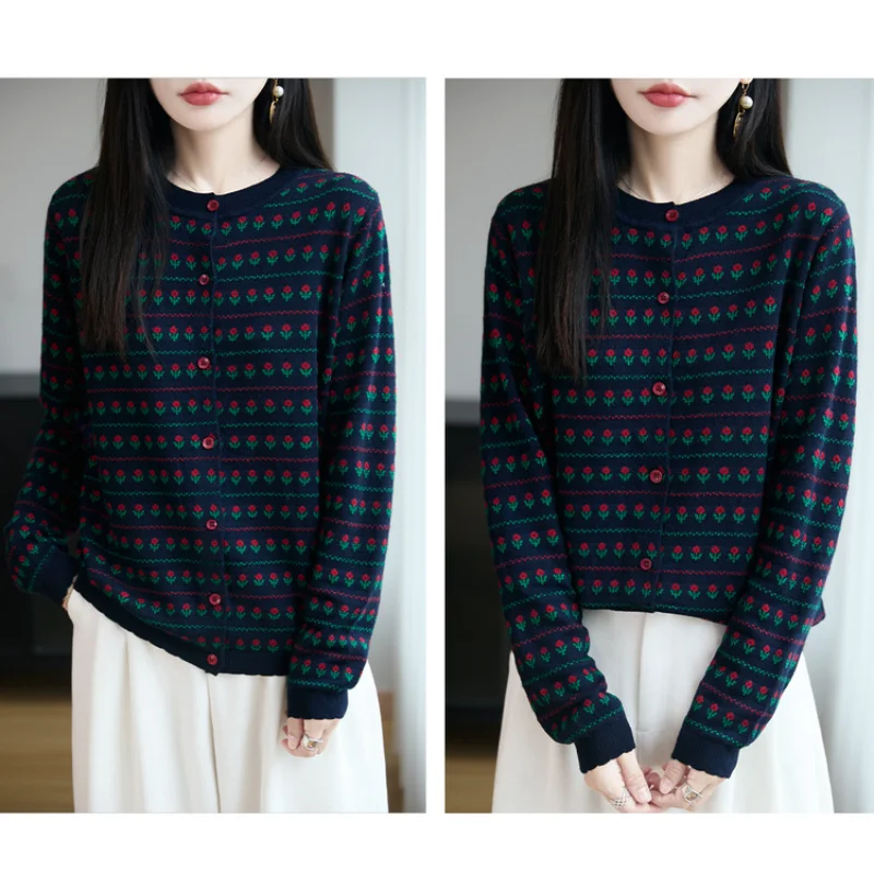 المرأة مكتب تنوعا زهرة صغيرة الصوف سترة أنيقة موضة تريكو ربيع الخريف جديد الحد الأدنى سترة سترة