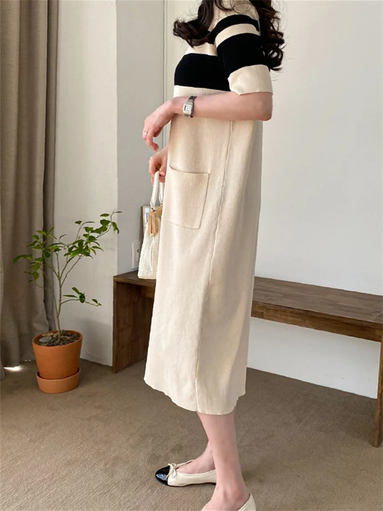 Korea Fashion Summer Woman Pullover Knitted Dress Korea New Ladies Womens Black Knit Dresses Casual Office Sweater Long Dress