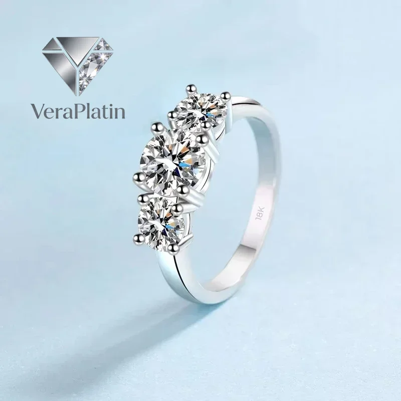 

VeraPlatin Girl Birthday Gift 18K White Gold Wedding Band Three Moissanite Diamonds 2CT Women PT950 Platinum Jewelry Valentine's