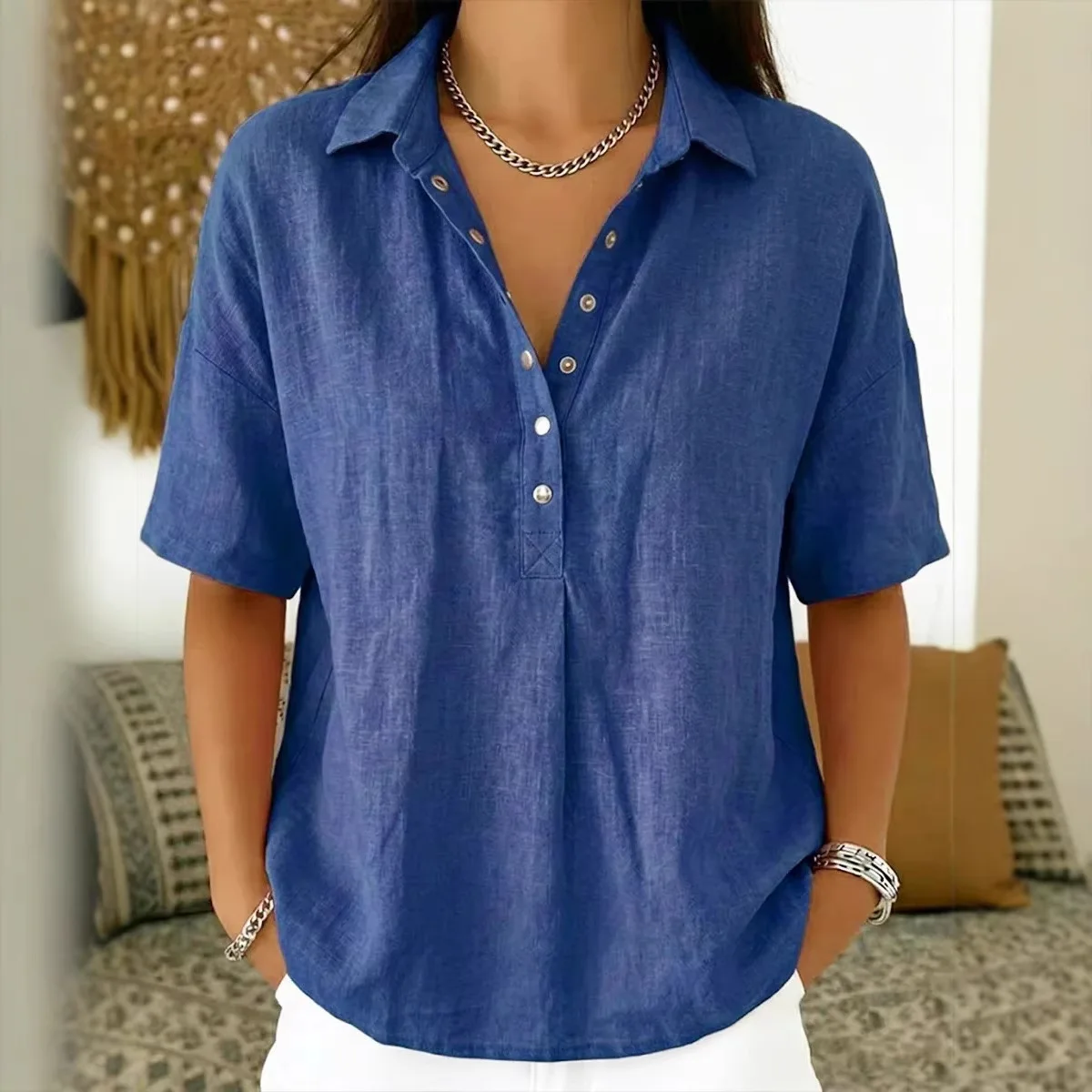 2026 Amazon Cross-Border Independent Station European And American Summer New Women's Loose Comfortable Turn-Down Collar