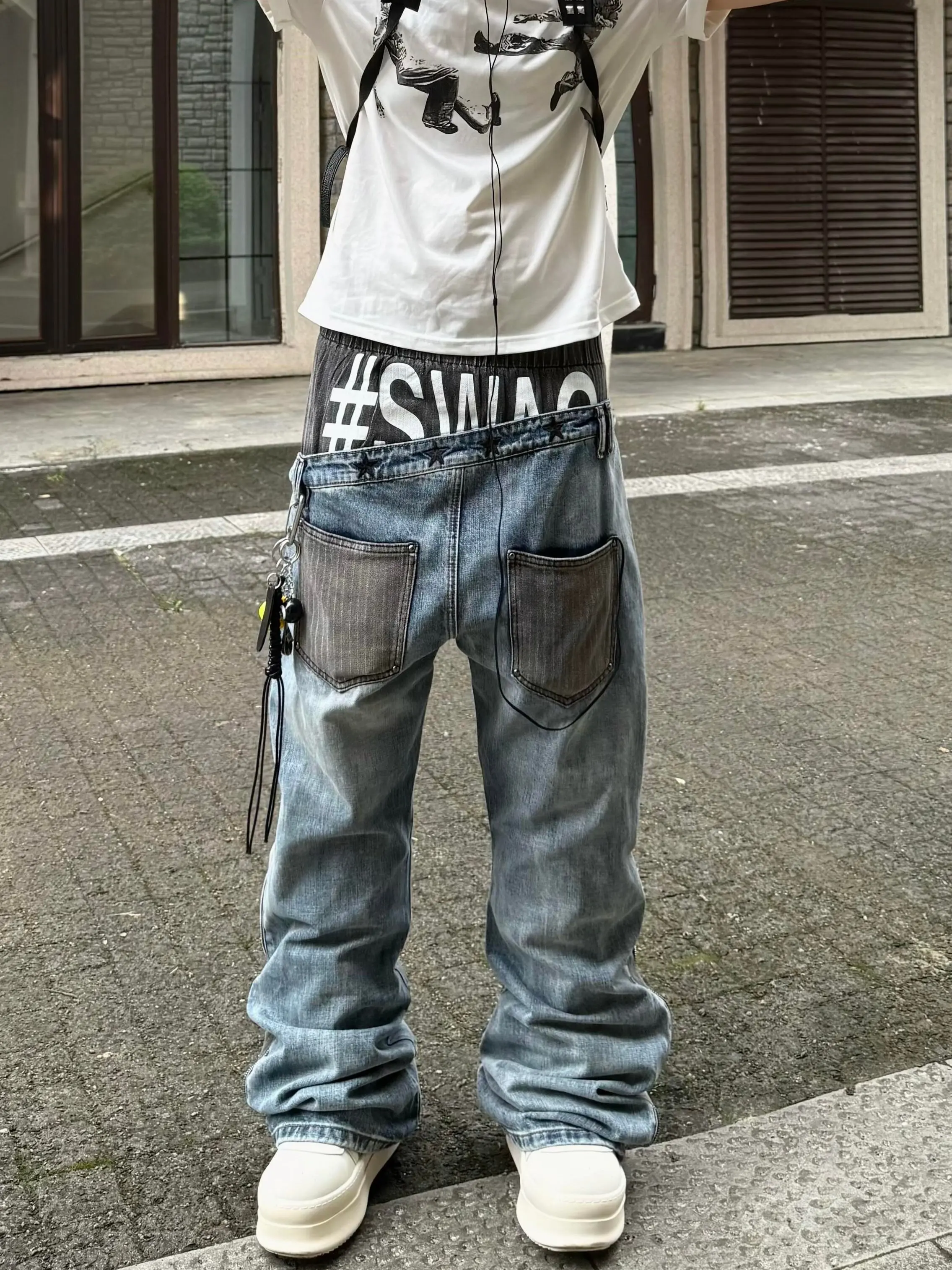 Retro American Washed Printed Embroidered Patchwork Stripe Men's Jeans Street Style Slimming Flared Floor-Length Pants