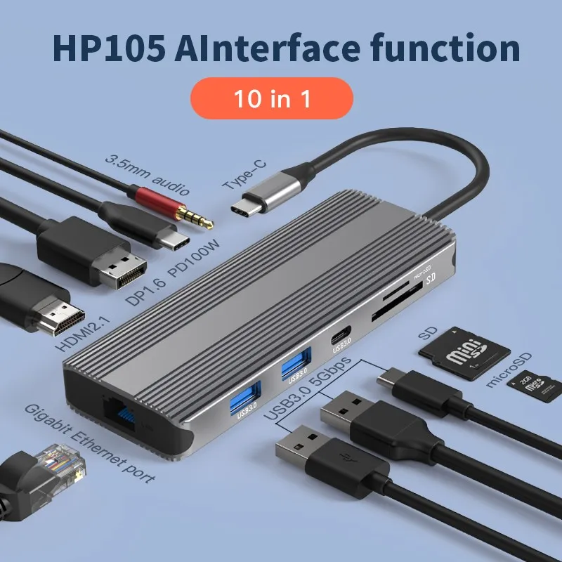 10-in-1 USB-C Hub: 8K DP/HDMI, Ethernet, Dual Monitor Multiport Adapter