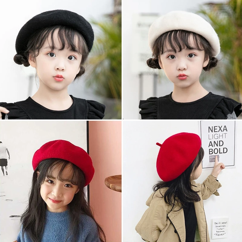 Boina de lã quente infantil, boné de pintor, gorro de vácuo exterior feminino, chapéu monocromático, moda, acessórios para bebês