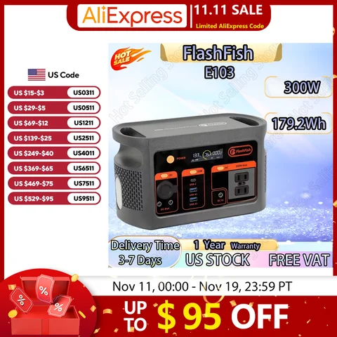 FlashFish E103 Portable Power Station 300W Solar Generator 179.2Wh Battery Home Backup Outdoor Camping Mobile power Easy Carry