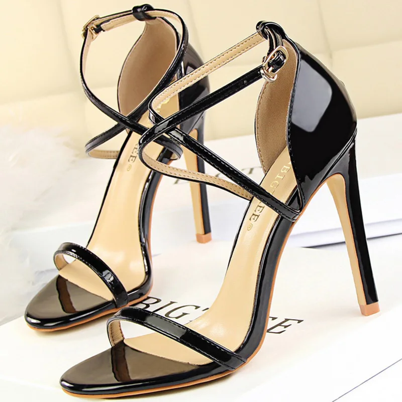 2023 Brand Women 8cm 11cm High Heels Strap Sandals Lady Roman Shiny Gold Fetish Stiletto Stripper Heels Gladiators Party Shoes