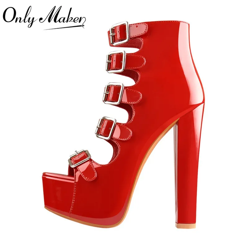 Onlymaker Women Platform Buckle Belts Chunky Heel Open Toe Sandals Ankle High Stylish Punk Fashionable Large Size Shoes