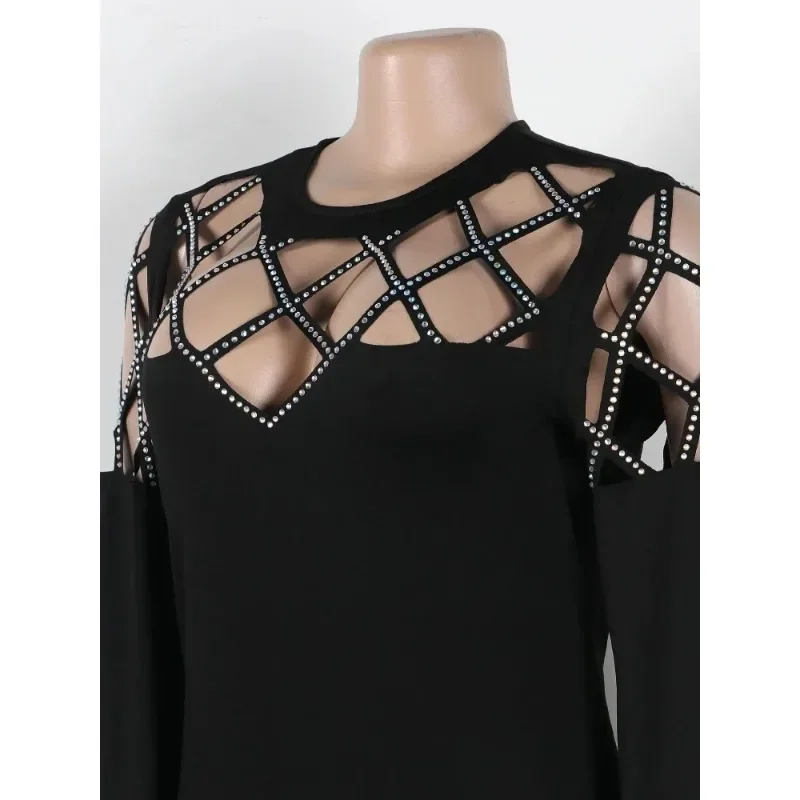 Customized 2025 Black Shiny Loose Dress Elegant Rhinestone Long Sleeved Loose Side Slit Maxi Dresses Sexy Hollowed Out Birthday
