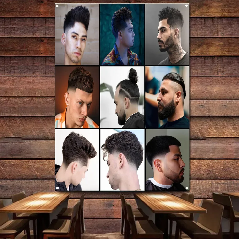 New Popular Hairstyle For Men Art Poster, Haircut & Shave Service Signboard Wall Hanging Flag Banner, Barber Shop Wall Tapestry