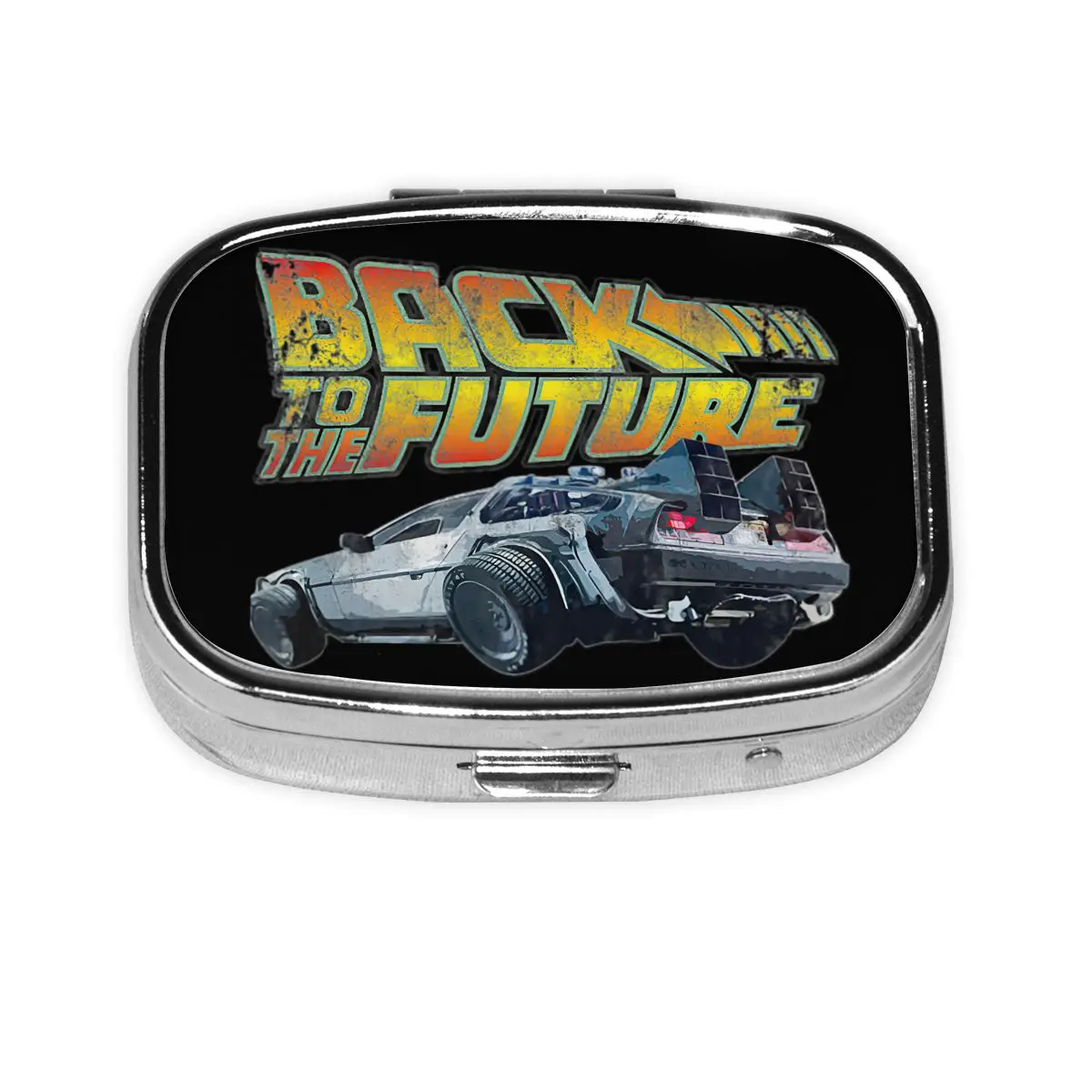 

Back To The Future Metal Pills Box Compact Sci-Fi Comedy Movie 2-Compartment Square Pill Organizer Container for Purse