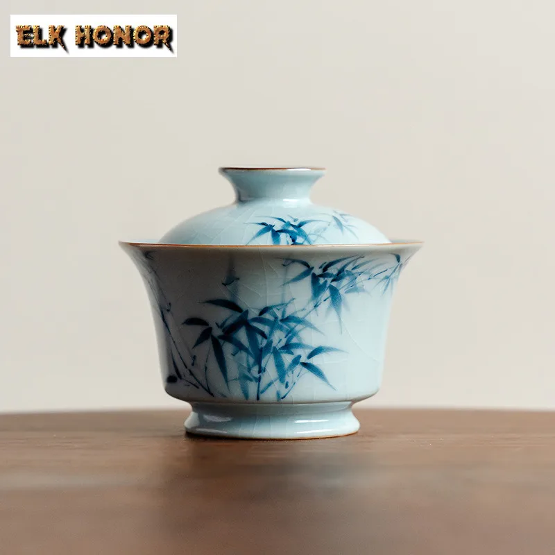 

130ml Ru Kiln Hand-painted Blue Bamboo Gaiwan Creative Tea Tureen Tea Bowl With Lid Kit Tea Maker Cover Bowl Teaware Decoration