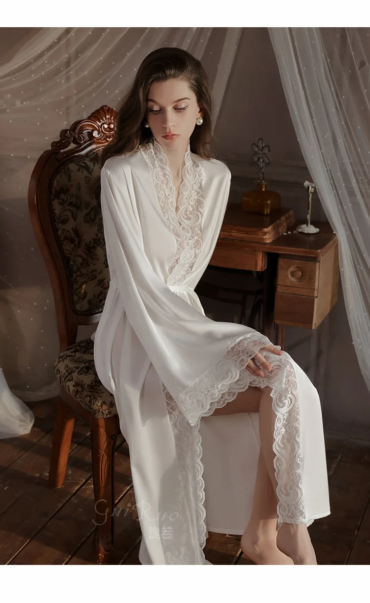 Long Kimono Bathrobe Lady Sexy Lace Full Slip Nightgown Loose Wedding Morning Dress Gown Soft Satin Homewear Intimate Lingerie