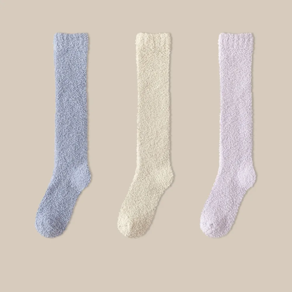 

3Pairs Cute Simple Coral Fleece Socks Sleeping Winter Knee High Stockings Comfortable Hosiery Winter Thicken Stockings Winter