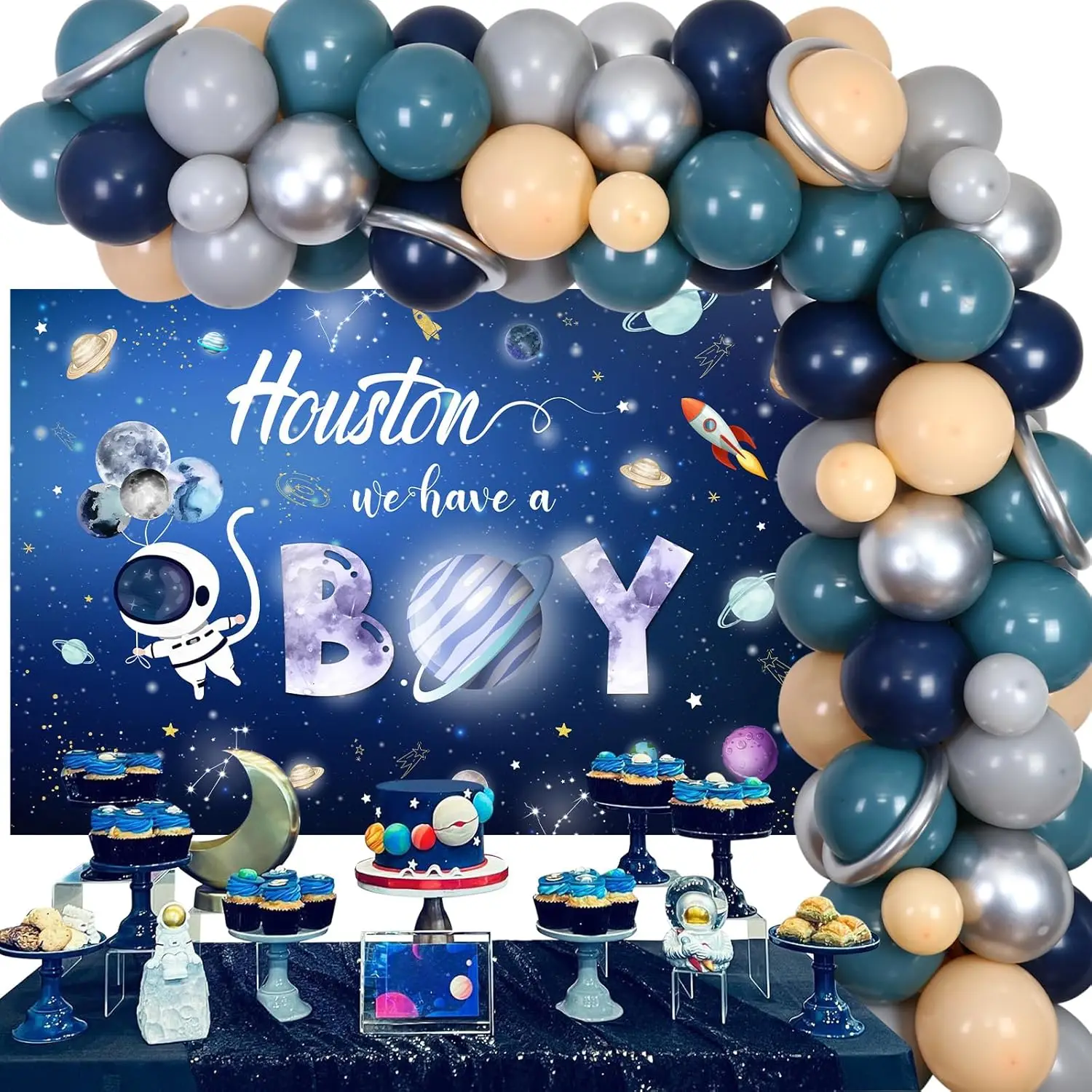 

Outer Space Baby Shower Decorations Houston We Have A Boy Backdrop Rocket Astronaut Balloon Garland Kit Galaxy Party Supplies