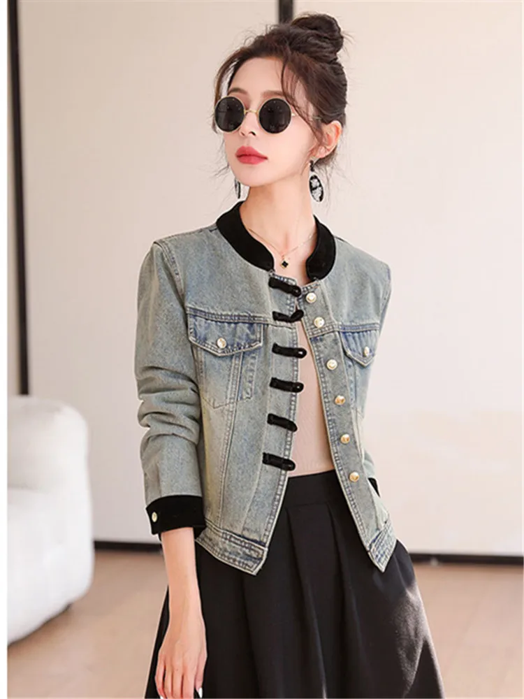 2024 Spring Autumn New Chinese Style Denim Jacket Women Clothes Streetwear Loose Single-breasted Short Cowboy Outwear Female