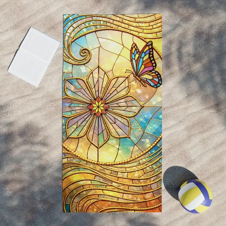 Stained Glass Butterfly Beach Towel Floral Summer Pool Accessory Sand Free Quick Dry Towels