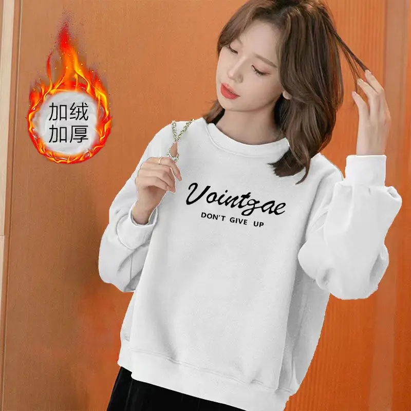 Korean Fashion Autumn Winter New Women's O-Neck Letter Printing Plus Velvet Thicken Long Sleeve Loose Pullovers Sweatshirts Tops